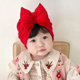 婴儿帽子红色金丝绒蝴蝶结满月百天周岁护囟门新生儿女宝宝胎帽冬