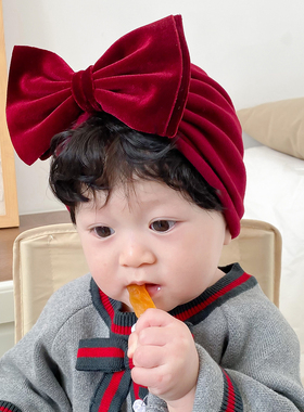 婴儿帽子秋冬金丝绒蝴蝶结羊绒棉保暖初生新生儿女宝宝护囟门胎帽