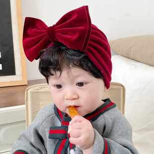 婴儿帽子秋冬金丝绒蝴蝶结羊绒棉保暖初生新生儿女宝宝护囟门胎帽
