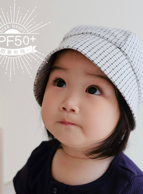 婴儿遮阳帽格子大檐防晒纯棉透气薄款男女宝宝儿童太阳帽盆帽春夏