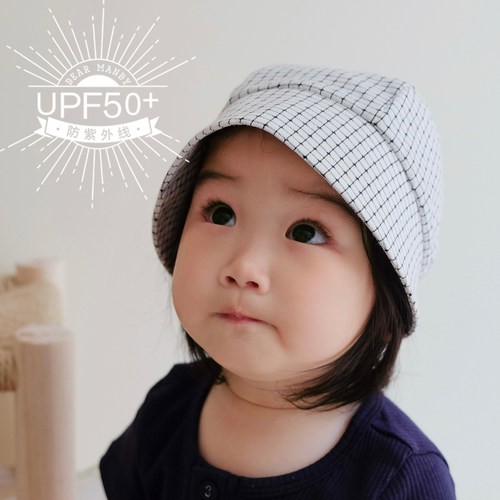 婴儿遮阳帽夏季格子大檐防晒纯棉透气薄款男女宝宝儿童太阳帽盆帽