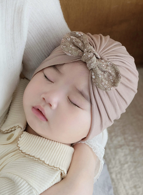 婴儿帽子春秋莫代尔可爱碎花蝴蝶结小月龄女宝宝初生新生儿胎帽冬