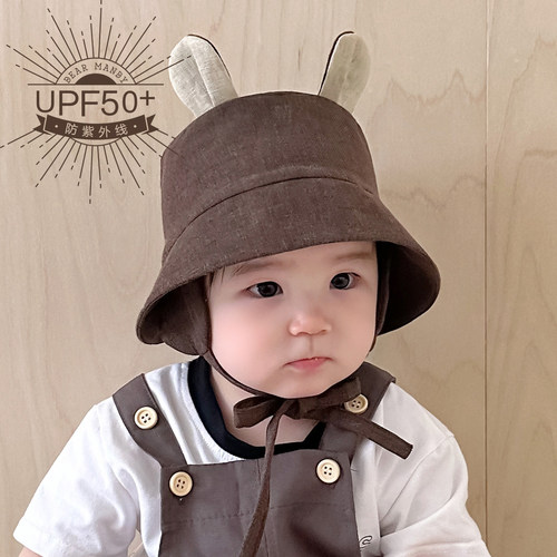 小熊棉麻防晒大帽檐婴儿渔夫帽夏