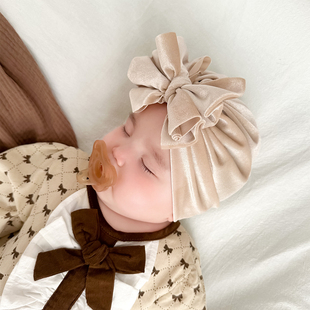 婴儿帽子春秋薄款 韩国金丝绒ins蝴蝶结新生儿女宝宝胎帽包头帽冬