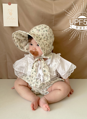 粉色小碎花遮阳帽薄款防晒防紫外线大帽檐渔夫帽大pp裤防蚊裤春夏