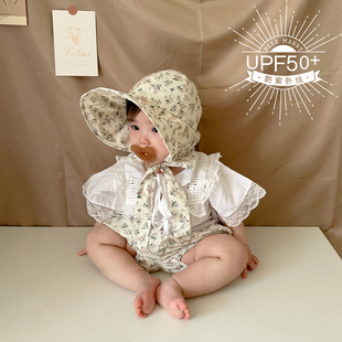 春夏 防蚊裤 粉色小碎花遮阳帽薄款 防晒防紫外线大帽檐渔夫帽大pp裤