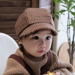 婴儿帽子春秋千鸟格羊毛呢大檐保暖儿童遮阳帽男女宝宝报童帽冬季