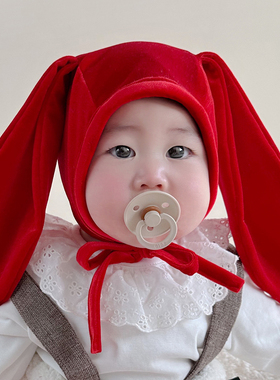 婴儿帽子大红色兔子金丝绒加绒加厚过年新年儿童男女宝宝护耳帽冬