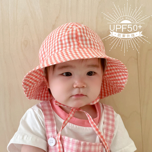 格子婴儿帽子春秋薄款 防晒透气男女宝宝太阳帽儿童渔夫帽盆帽夏季