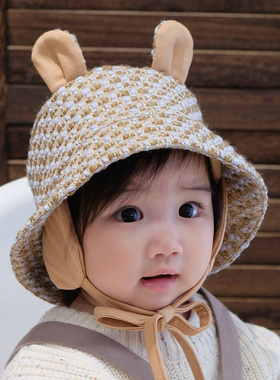 婴儿帽子春秋小香风粗花呢保暖大檐防晒护耳宝宝儿童渔夫帽盆帽冬