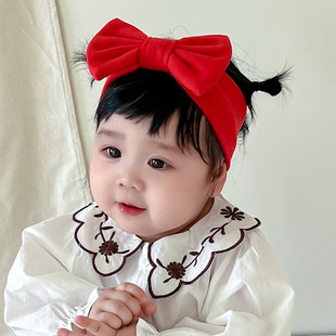 婴儿发带可爱羊绒棉蝴蝶结公主百天周岁新年生日女宝宝儿童头饰冬