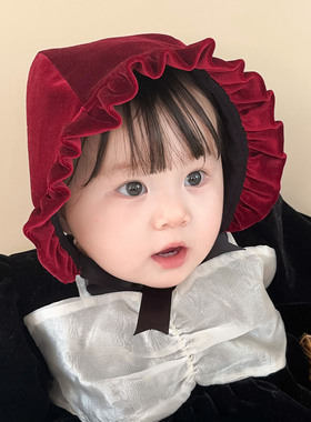 暗红色金丝绒婴儿帽子新年生日周岁韩版公主女宝宝儿童护耳帽秋冬
