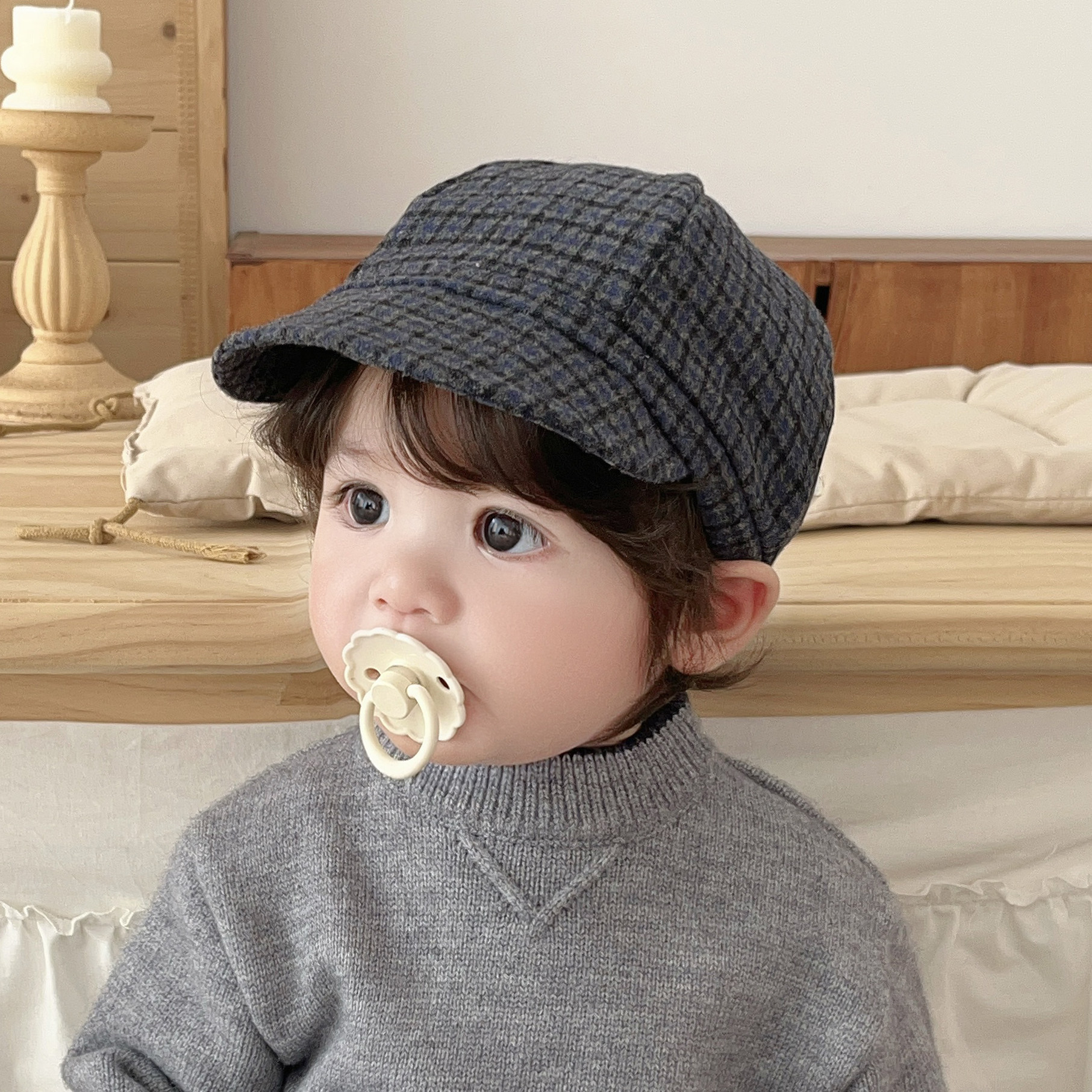 婴儿帽子格子大檐防晒保暖小月龄男女宝宝遮阳帽贝雷帽报童帽秋冬