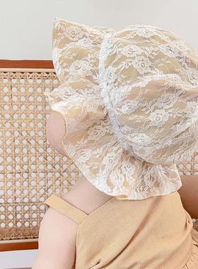 婴儿帽子蕾丝棉麻双面防晒防紫外线薄款女宝宝儿童渔夫帽盆帽春夏