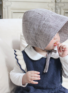 千鸟格婴儿帽子春秋薄款婴幼儿韩版纯棉大帽檐遮阳儿童宝宝护耳帽