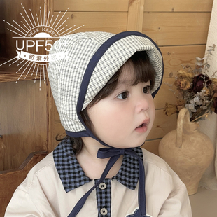 婴儿遮阳帽春夏纯棉薄款 透气格子大帽檐儿童小月龄男女宝宝防晒帽