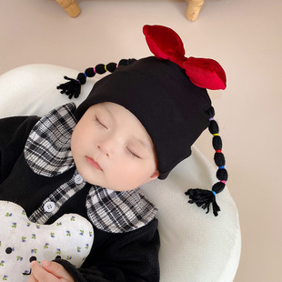 婴儿帽子秋冬婴幼儿男女宝宝羊绒棉保暖加厚可爱小辫子护囟门胎帽