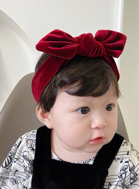 暗红色金丝绒婴儿发带可爱蝴蝶结儿童新生儿宝宝生日周岁头饰秋冬