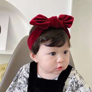 暗红色金丝绒婴儿发带可爱蝴蝶结儿童新生儿宝宝生日周岁头饰秋冬