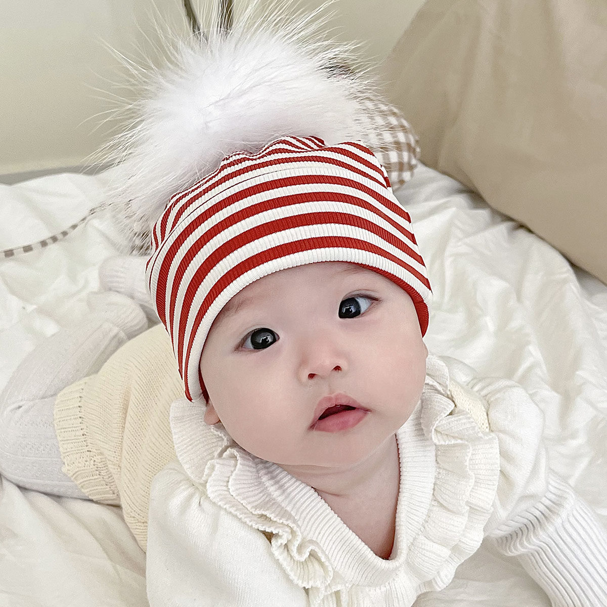 婴儿帽子春秋ins条纹貉子毛球纯棉保暖儿童新生儿男女宝宝胎帽冬
