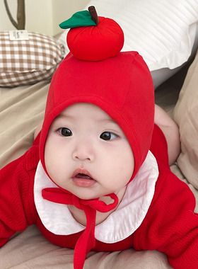 婴儿帽子秋冬拜年新年可爱红苹果羊绒棉保暖新生儿男女宝宝护耳帽