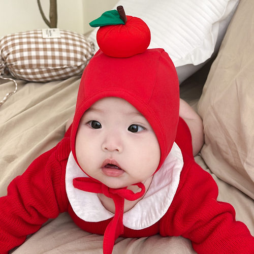 可爱苹果羊绒棉婴儿帽子护耳帽