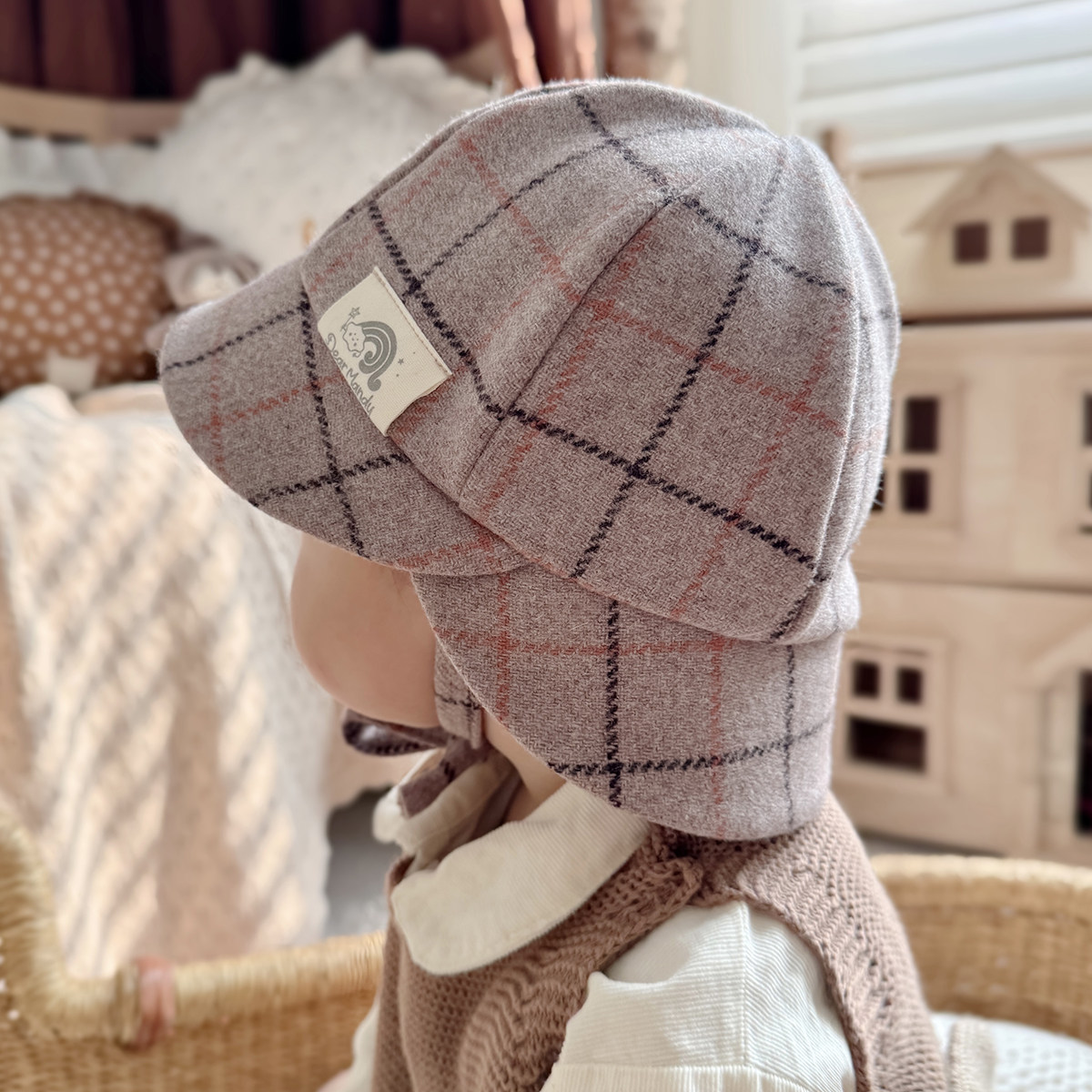 婴儿帽子秋冬可爱羊毛格子大檐防晒男女宝宝遮阳帽儿童渔夫帽盆帽