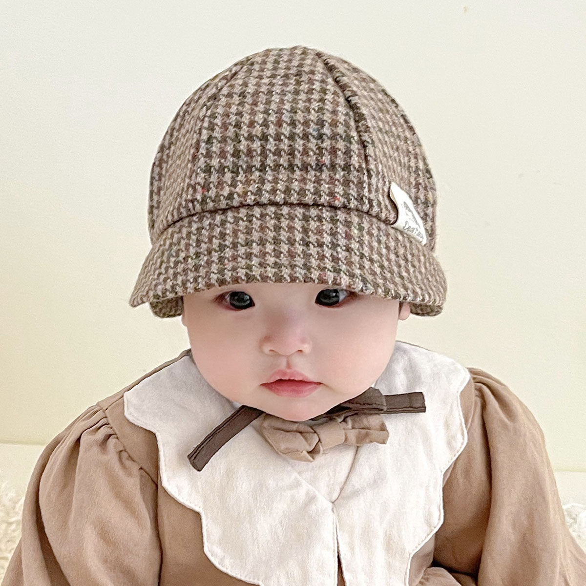 婴儿帽子毛呢千鸟格防晒大帽檐男女宝宝遮阳帽儿童渔夫帽盆帽秋冬