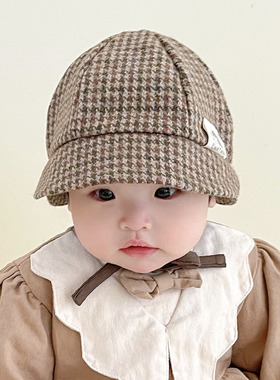 婴儿帽子毛呢千鸟格防晒大帽檐男女宝宝遮阳帽儿童渔夫帽盆帽秋冬