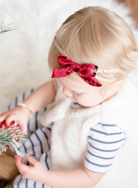 金丝绒蝴蝶结儿童发夹边夹新年生日满月周岁百日婴儿发带过年头饰