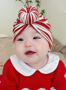 婴儿帽子春秋条纹甜甜圈针织爽棉男女宝宝新生儿护囟门胎帽冬季