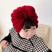 婴儿帽子蝴蝶结羊绒提花针织加厚保暖女宝宝新生儿护囟门胎帽秋冬