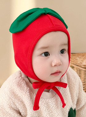 婴儿帽子可爱大红色苹果护囟门保暖羊绒棉男女宝宝胎帽护耳帽秋冬