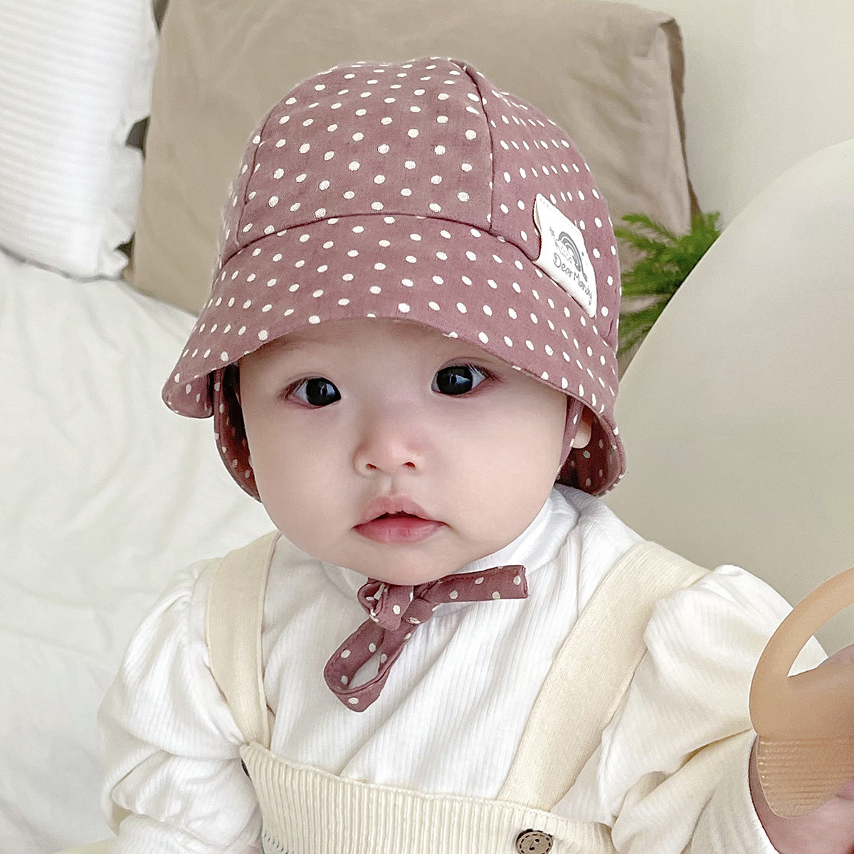 婴儿帽子秋冬可爱波点大檐防晒棉麻男女宝宝遮阳帽儿童渔夫帽盆帽