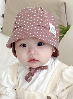 婴儿帽子秋冬可爱波点大檐防晒棉麻男女宝宝遮阳帽儿童渔夫帽盆帽