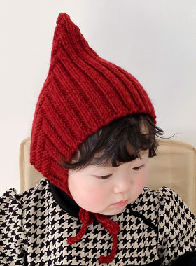 纯手工编织美丽奴羊毛婴儿帽子ins男女宝宝毛线精灵帽尖尖帽秋冬