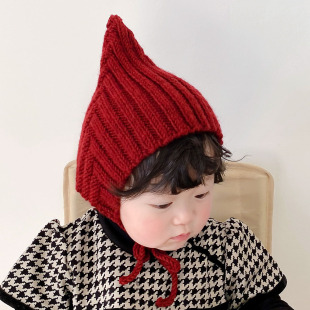 纯手工编织美丽奴羊毛婴儿帽子ins男女宝宝毛线精灵帽尖尖帽秋冬
