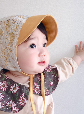婴儿帽子春秋薄款蕾丝棉麻韩国公主女宝宝儿童防晒大帽檐遮阳帽夏