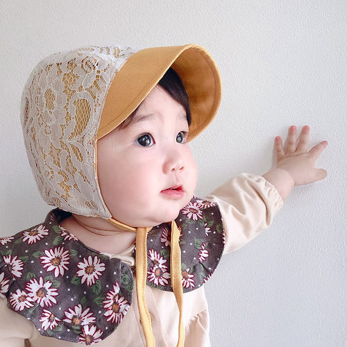 春秋薄款蕾丝棉麻防晒婴儿帽子