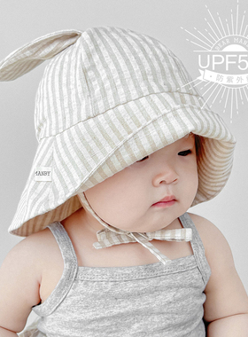 ins条纹兔耳朵婴儿帽子夏季亚麻薄款透气防晒儿童宝宝遮阳帽短裤