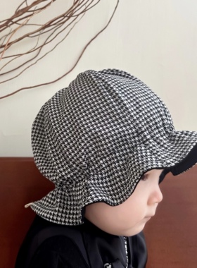 婴儿帽子春秋可爱千鸟格纯棉保暖小月龄男女宝宝儿童双面渔夫帽冬