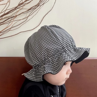 婴儿帽子春秋可爱千鸟格纯棉保暖小月龄男女宝宝儿童双面渔夫帽冬