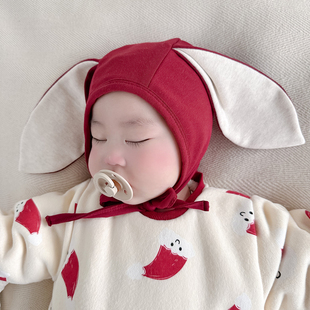 婴儿帽子秋冬可爱兔耳朵保暖舒绒棉初生新生儿百天男女宝宝护耳帽
