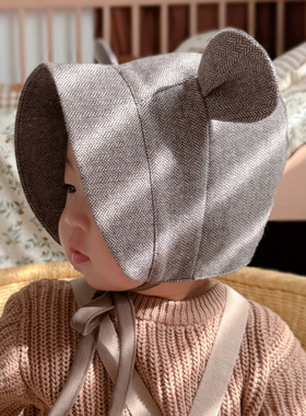 婴儿帽子春秋可爱超萌小熊羊毛呢防晒大帽檐男女宝宝儿童护耳帽冬