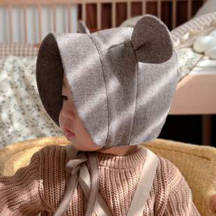 婴儿帽子春秋可爱超萌小熊羊毛呢防晒大帽檐男女宝宝儿童护耳帽冬