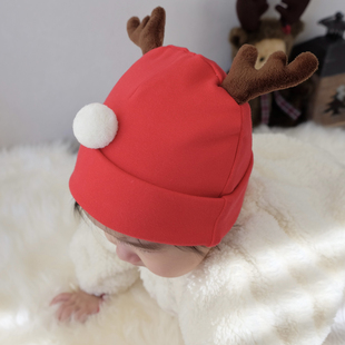婴儿帽子可爱圣诞麋鹿羊绒棉保暖初生新生儿男女宝宝小月龄胎帽冬