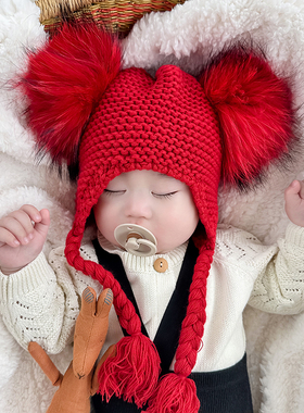 婴儿帽子秋冬ins可爱貉子毛球保暖针织男女宝宝护耳帽儿童毛线帽