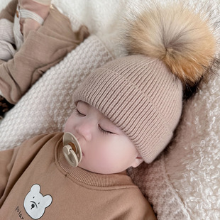 婴儿帽子秋冬季 ins可爱貉子毛球兔绒针织保暖男女宝宝儿童毛线帽