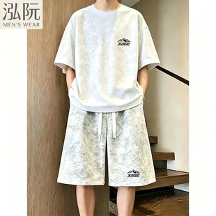 品牌优选男士夏季短袖t恤五分短裤扎染套装运动休闲百搭两件套男