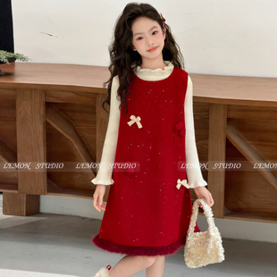 女童富家千金感裙子冬季2026新年冬裙儿童超好看拜年服连衣裙套装